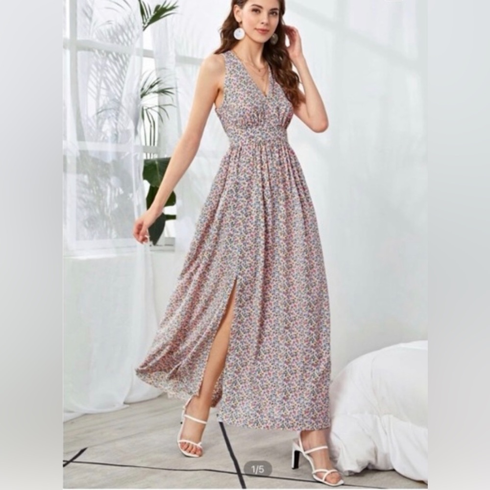 Crisscross Back Split Thigh Dusty Floral Dress